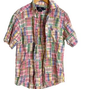 Vineyard Vines Mens Medium Tucker Shirt Patchwork Madras Plaid Short Sleeve Pink